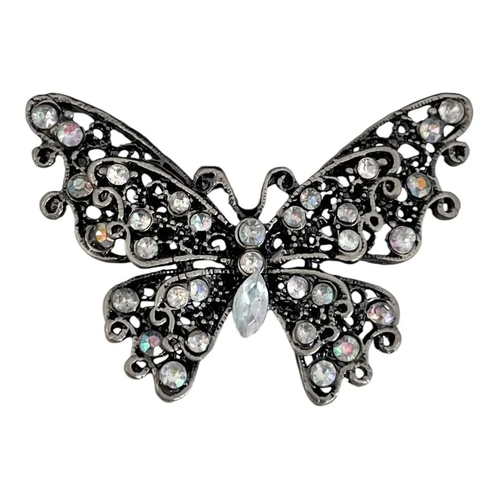 Vintage 1960s Butterfly Brooch Aurora Borealis Rhinestone Silver Tone Pin - 8T